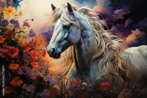 The watercolor Unicorn standing amidst a vibrant and enchanted forest, its iridescent horn glowing with mystical energy, rays of sunlight streaming through the lush, Generative Ai
