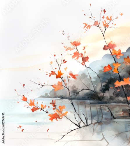 Chinese nature landscape painted in watercolor