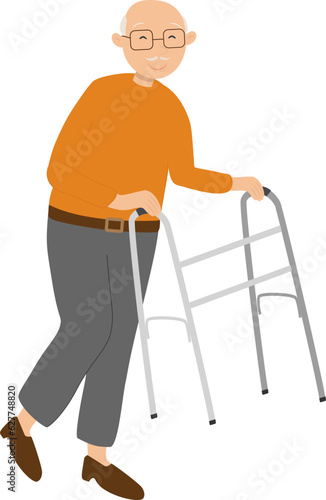 Vector illustration of old man with walking frame in cartoon style. Vector grandfather character