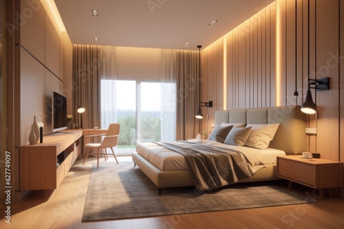 designer interior of contemporary bedroom with comfortable bed and luxurious finishings and LED lights © aboutmomentsimages