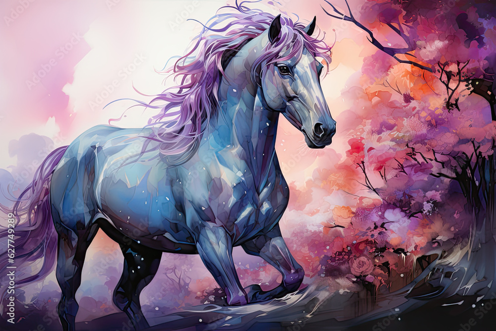 The watercolor Unicorn standing gracefully under a cascading waterfall, the shimmering water creating a magical aura around it, surrounded by lush vegetation, Generative Ai