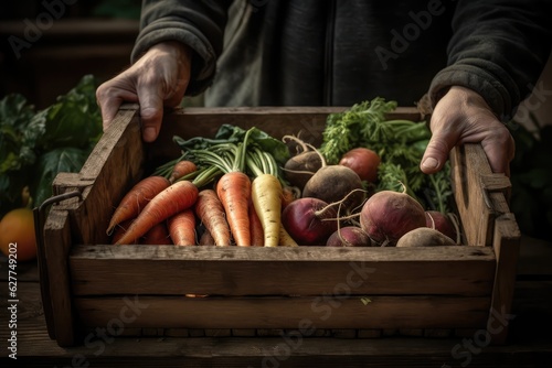 Harvest vegetables in wooden box in hands of farmer. Generative AI