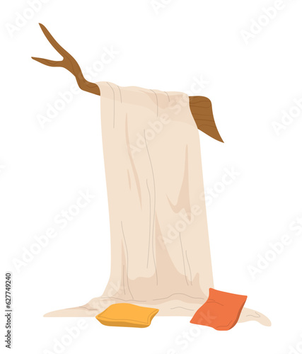 Blanket on branch concept. Comfort and coziness, homemade tent for protection from sun. Sticker for social networks and messengers. Cartoon flat vector illustration isolated on white background