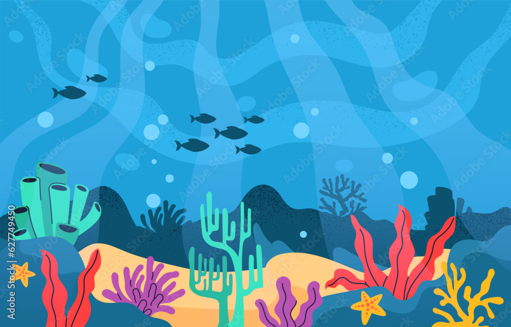 Under sea background concept. Fish swim among reefs and corals, representatives of the underwater world. Ocean or sea flora and fauna, wild life. Cartoon flat vector illustration