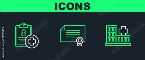 Set line Hospital building, Patient record and Certificate template icon. Vector