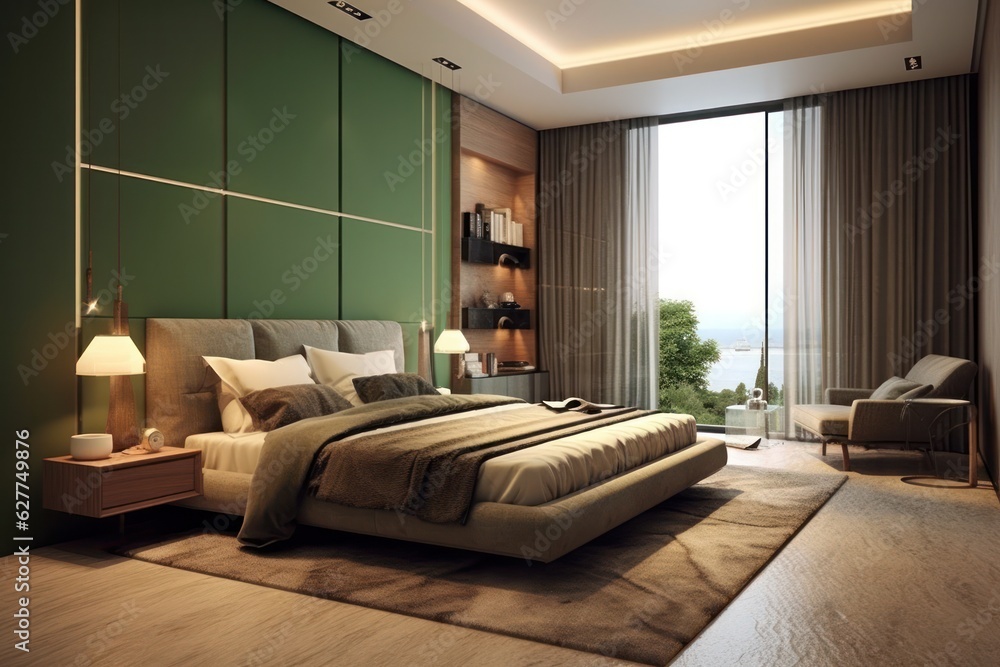 Fototapeta premium Contemporary bedroom with natural light, minimalist decor and stylish comfort