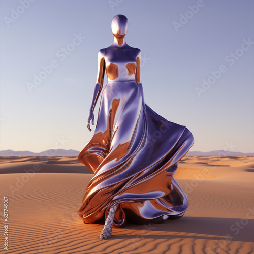 Generative ai feminine humanoid model editorial fashion posing desert