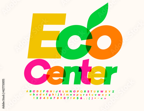 Vector colorful concept Eco Center. Bright Font. Creative Alphabet Letters and Numbers set