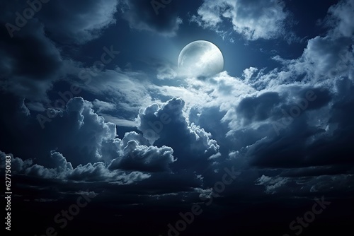 Bright full moon in the midnight dark blue sky surrounded by dramatic clouds