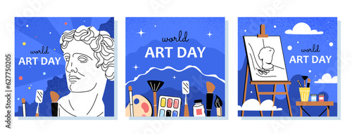 World art day banners set. Workshop with canvas and bust, sculpture. Art and creativity. Gallery and exhibition, museum. Cartoon flat vector collection isolated on white background