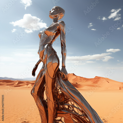 Generative ai feminine humanoid model editorial fashion posing desert