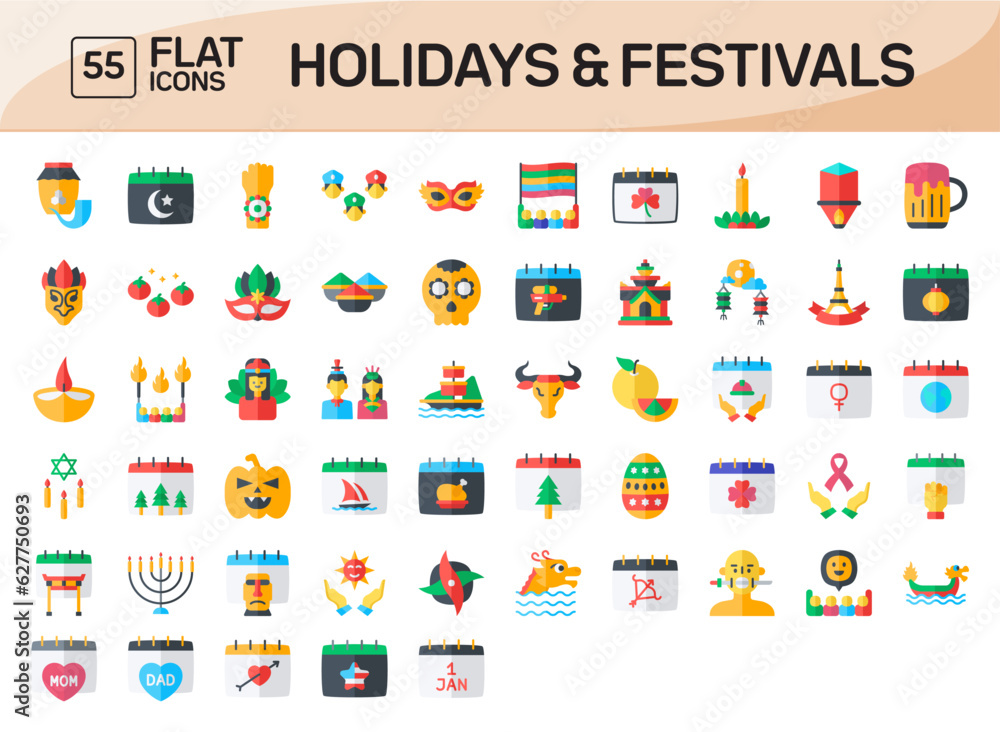 Holidays and Festivals Flat Icons Pack Vol 1 Holidays and Festivals Flat Icons Pack Vol 1