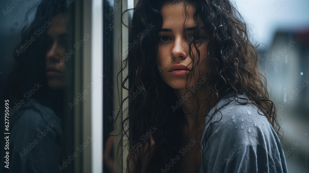 Depressed young woman near window at home, closeup Depressed young woman near window at home, closeup