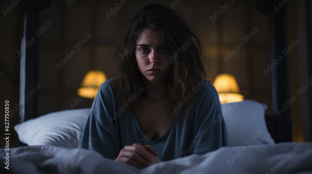 Obraz premium Depressed woman lying in bed can't sleep late at morning with insomnia.