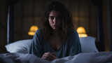 Depressed woman lying in bed can't sleep late at morning with insomnia.