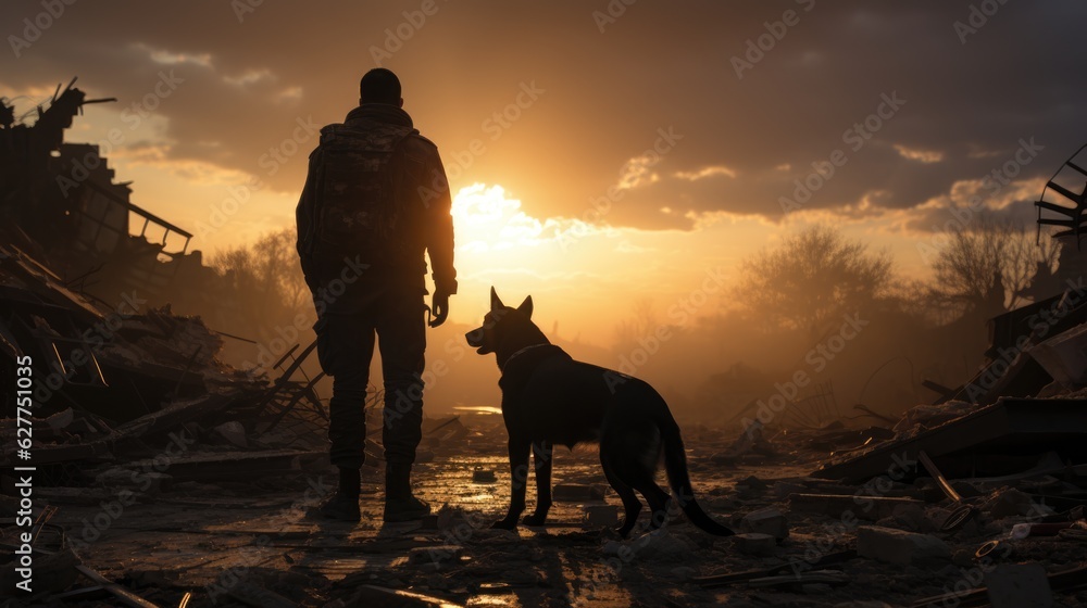 A man and a dog on the ruins of a bombed-out city at sunset. - obrazy, fototapety, plakaty 