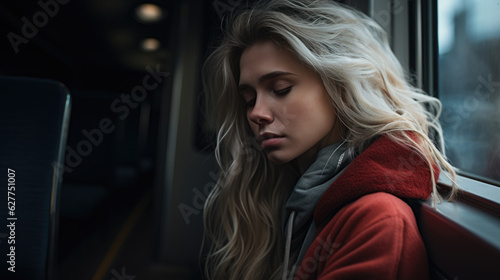 Depressed young woman rides public transportation from work. © MP Studio