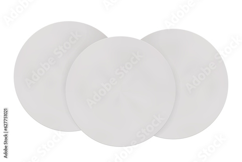 A stack of three white beer coasters mockup. Blank sample bierdeckel isolated from the background. Cardboard circle for branding and applying a logo to put under a hot cup or a wet glass.