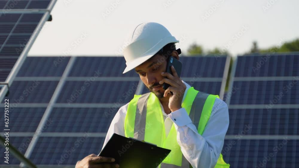 Portrait of indian electrician engineer in safety helmet and uniform and talking on phone checking solar panels Portrait of indian electrician engineer in safety helmet and uniform and talking on phone checking solar panels