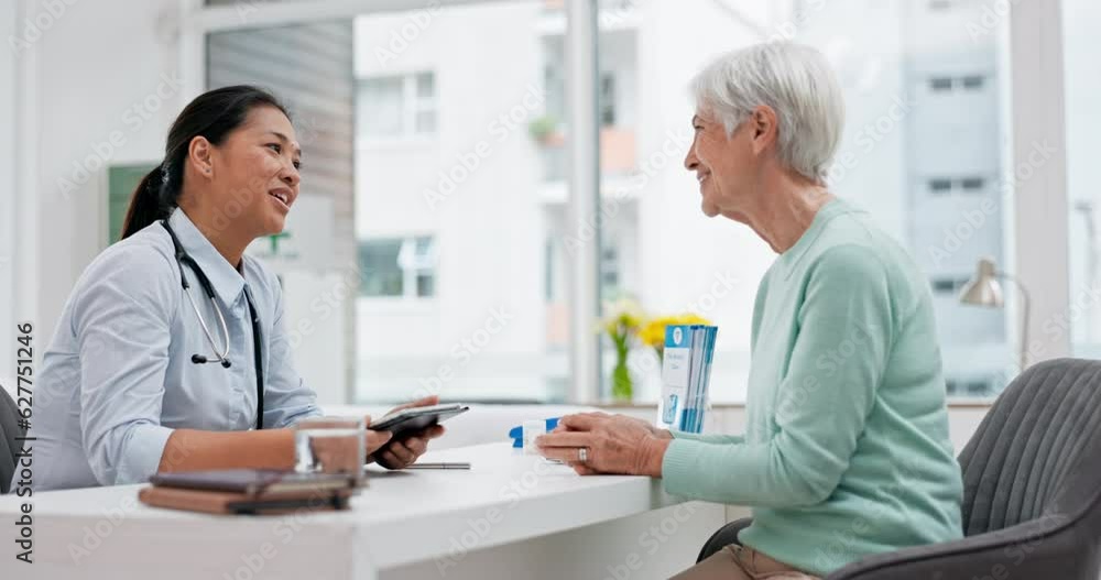 Handshake, senior woman and healthcare support of doctor in a hospital for medical care. Elderly consultation, smile and insurance conversation with women in a clinic office for retirement advice Handshake, senior woman and healthcare support of doctor in a hospital for medical care. Elderly consultation, smile and insurance conversation with women in a clinic office for retirement advice