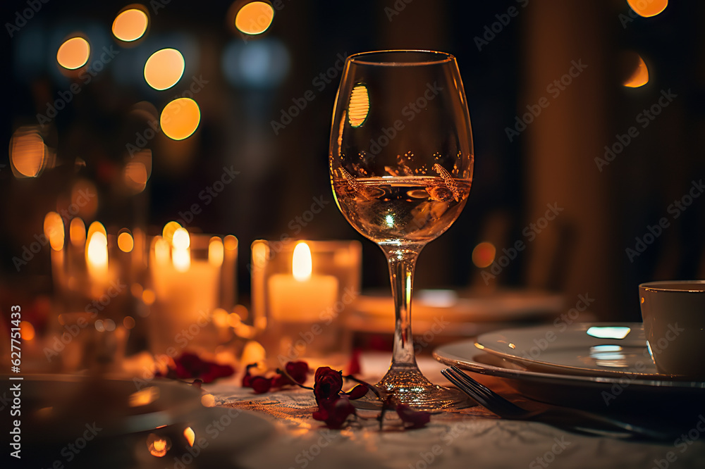 Romantic Wine Glass with Candles - Intimate Evening Setting for Love and Celebration. created with Generative AI Romantic Wine Glass with Candles - Intimate Evening Setting for Love and Celebration. created with Generative AI