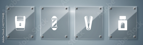 Set Aftershave, Curling iron for hair, Classic Barber shop pole and Electric razor blade. Square glass panels. Vector