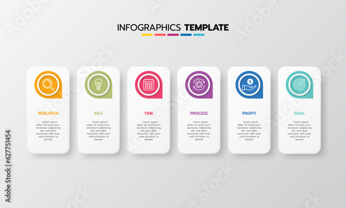 Business infographic template process with simple geometry square, rectangle, circle, triangle, curves in flat design template with thin line icons and 6 options or steps. Vector illustration.