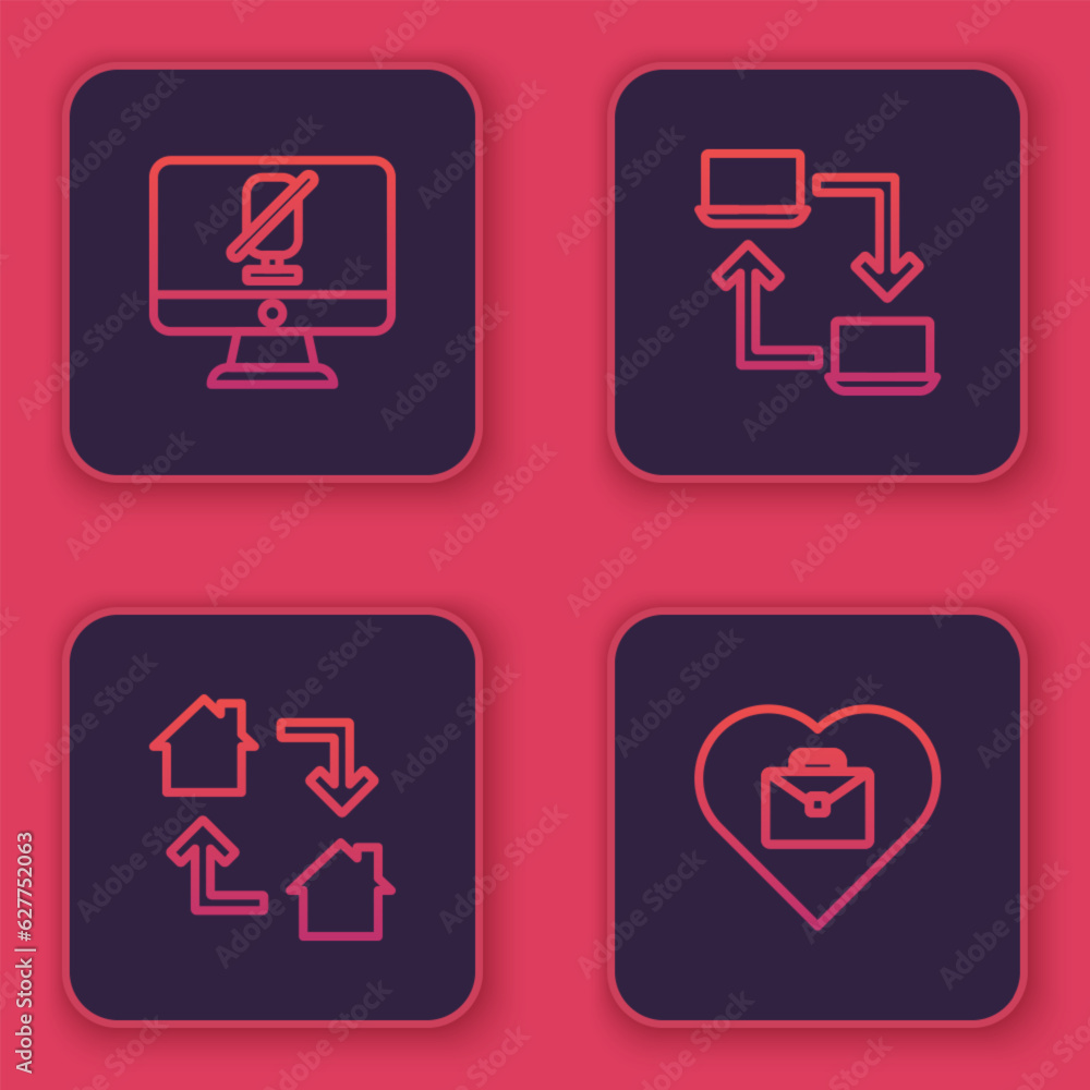 Set line Mute microphone on computer, Online working, and Heart with text. Blue square button. Vector Set line Mute microphone on computer, Online working, and Heart with text. Blue square button. Vector