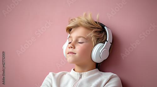 Boy wearing headphones on a pink background listening to her favorite music.