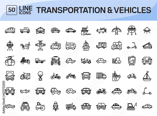 Transport and Vehicle Editable Line Icons set. Vector illustration in modern Line style of transport icons types: taxi, truck, car, bus, ship, plane, crane machine and more. Pixel Perfect icons