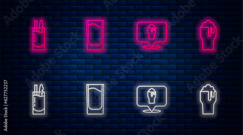 Set line Shot glass, Alcohol or beer bar location, Cocktail Bloody Mary and Glass of. Glowing neon icon on brick wall. Vector