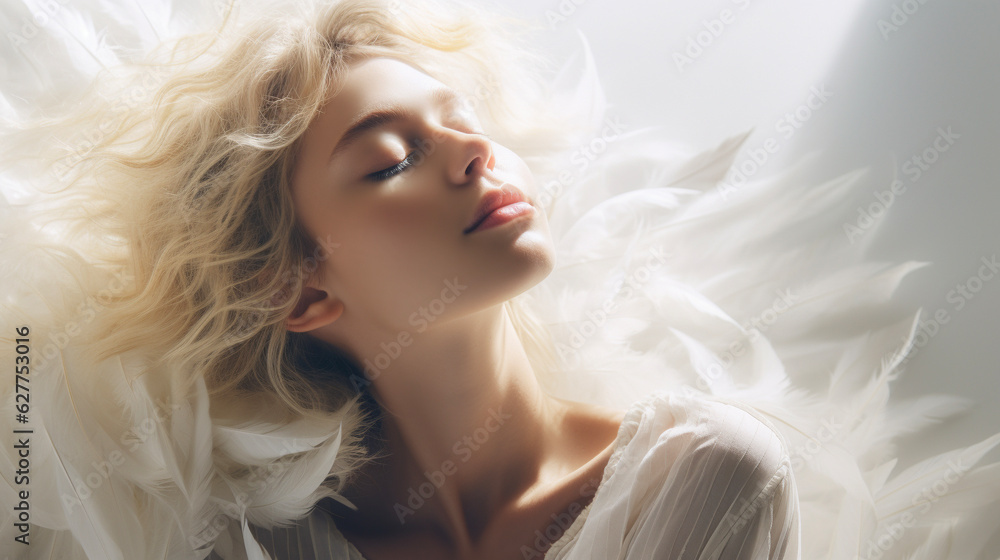 Woman against a background with white feathers. Angel with wings. Heavenly light upon her head. 