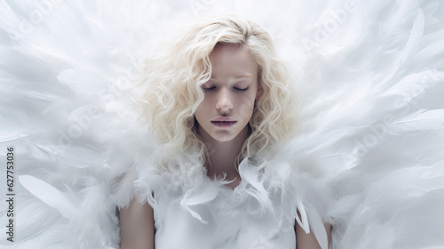 Woman against a background with white feathers. Angel with wings. Heavenly light upon her head. 