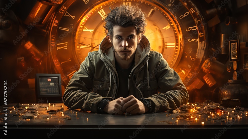 a huge electronic clock hangs over a working man behind a laptop, futuristic. Generative AI a huge electronic clock hangs over a working man behind a laptop, futuristic. Generative AI