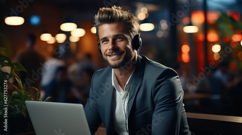 A young businessman in a headset smilingly talks on a video call on a laptop. Sitting in the office at the table and holding a business meeting, training, greeting and waving at the camera. Generative photo