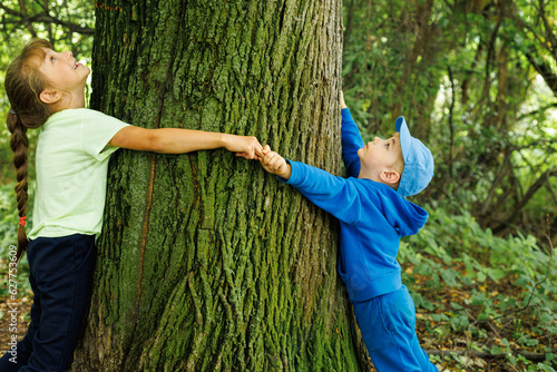 Children hug a hudde tree. Deforestation environmental disaster. Forest Degradation. photo