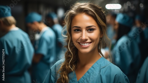 Portrait of a young nursing student standing with her team in hospital, dressed in scrubs, Doctor intern. Generative AI