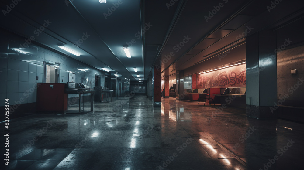 Fototapeta premium Generative AI, subway tunnel, underground transport, high-speed train rails, construction, architecture, high-tech interior, speed, modern, night, metro
