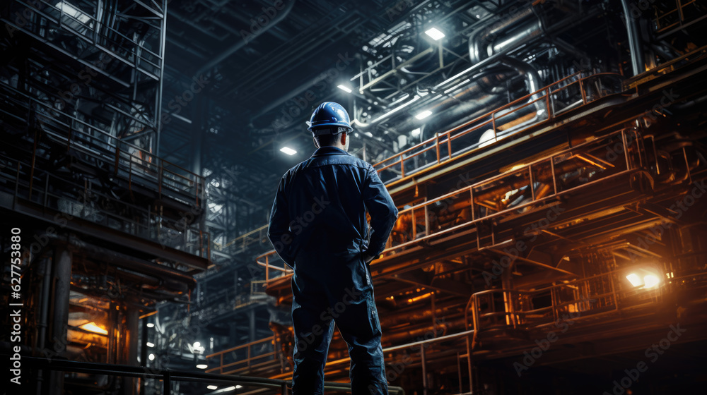 Factory worker wearing a safety helmet in the background of a factory design.