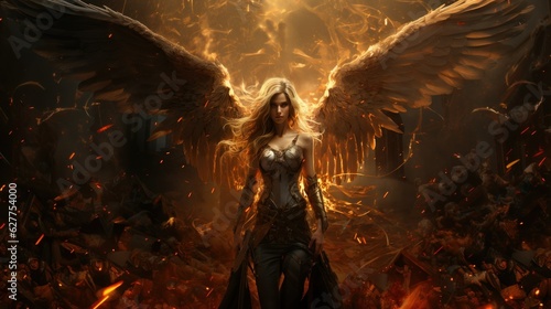 Beautiful Angel Woman in Armor on the Battlefield. Digital Art Wallpaper Background. Generative AI Illustration.