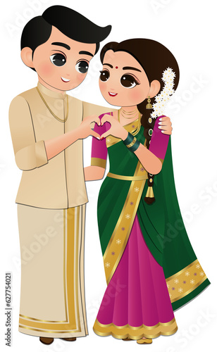 Bride and groom cute couple in traditional indian dress cartoon character