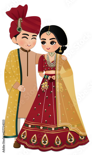 Bride and groom cute couple in traditional indian dress cartoon character