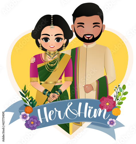 Bride and groom cute couple in traditional indian dress cartoon character