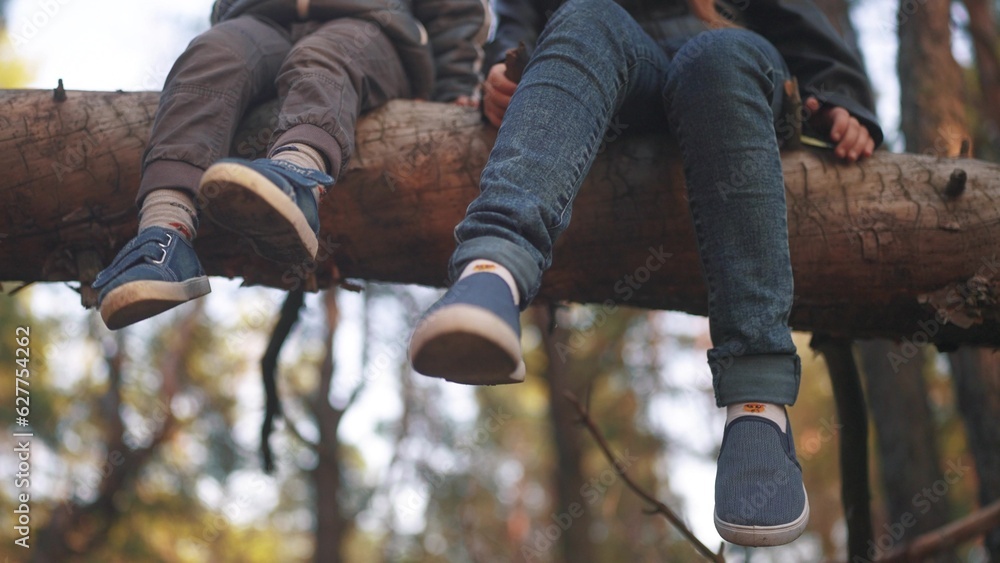 children sitting on a tree in the park. happy family childhood dream concept. children dangle their legs while sitting resting on a fallen tree trunk in the forest in the park lifestyle