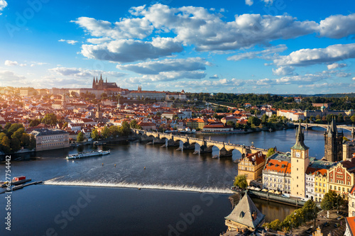 Prague scenic aerial view of the Prague Old Town pier architecture and Charles Bridge over Vltava river in Prague, Czechia. Old Town of Prague, Czech Republic.