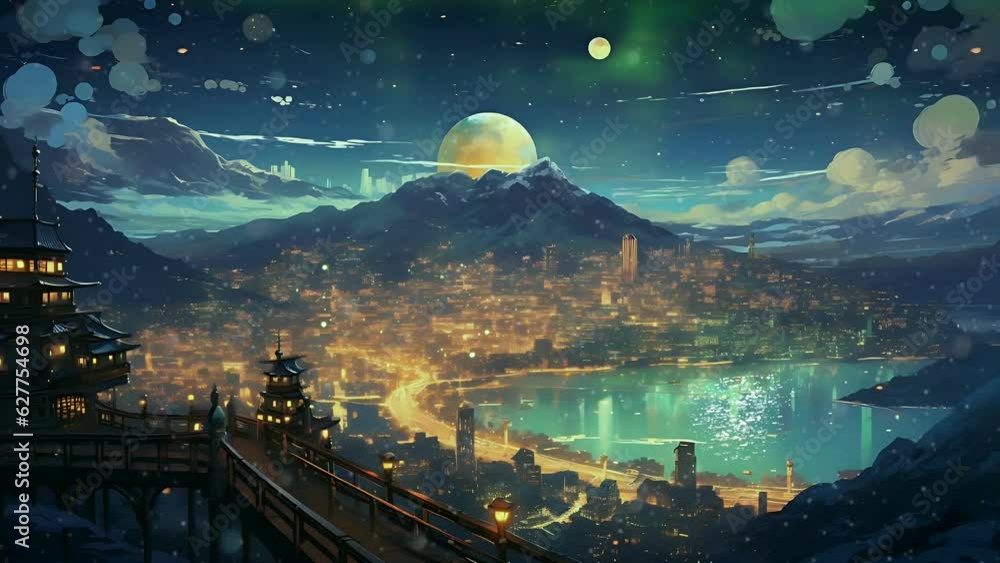 Village animé avec étoiles filantes et lac