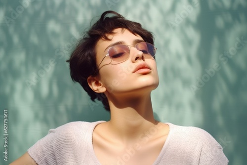 Young fictional white woman model with short hair and teinted sunglasses. Generative AI. photo