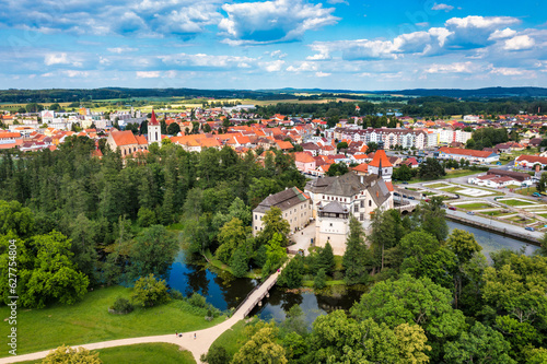 Blatna castle near Strakonice, Southern Bohemia, Czech Republic. Aerial view of medieval Blatna water castle surrounded parks and lakes, Blatna, South Bohemian Region, Czech Republic.