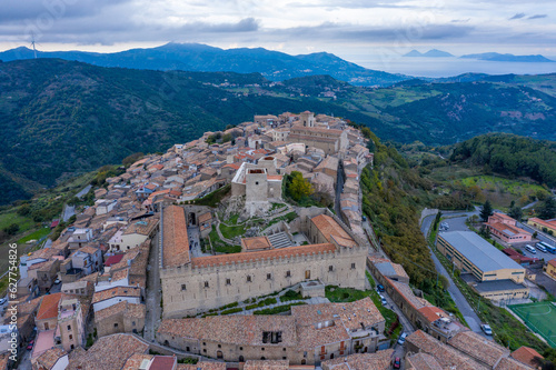 Aerial view of the city Montalbano Elicona, Italy, Sicily, Messina Province.  Aerial view of the medieval town of Montalbano Elicona with the castle of Federico II, Italy, Sicily. photo