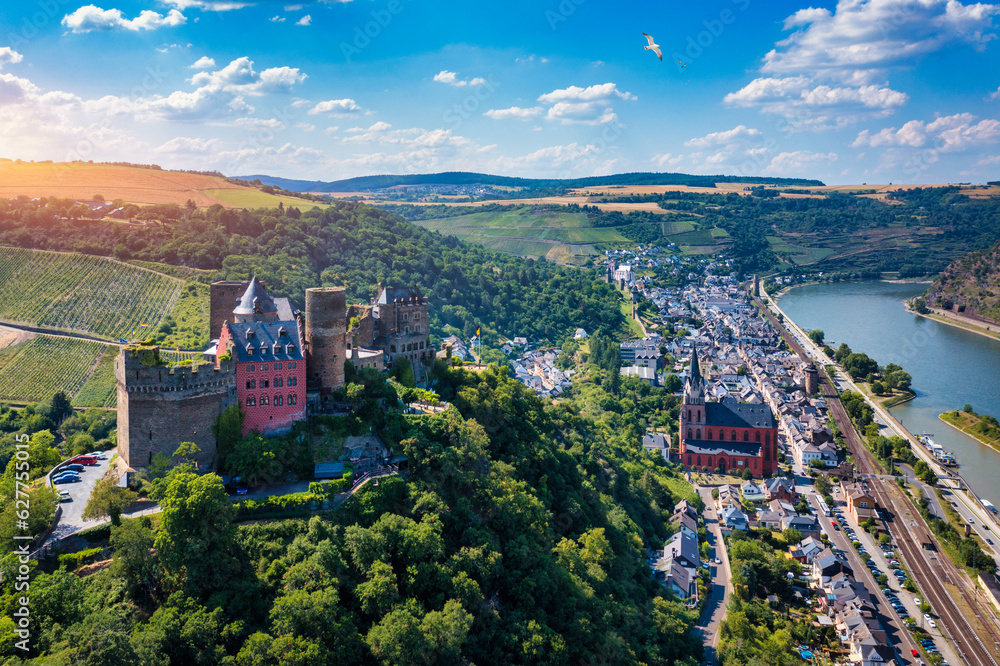 View over the town of Oberwesel, Upper middle Rhine Valley, Germany. Oberwesel town and Church of Our Lady, Middle Rhine, Germany, Rhineland-Palatinate. Oberwesel town at riverside of Rhein river.